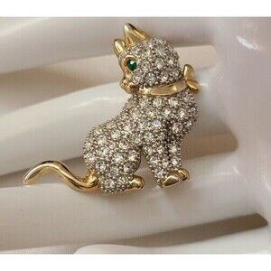 Vintage Rhinestoned Cat with Green Eyes and Gold Collar - Pin Brooch